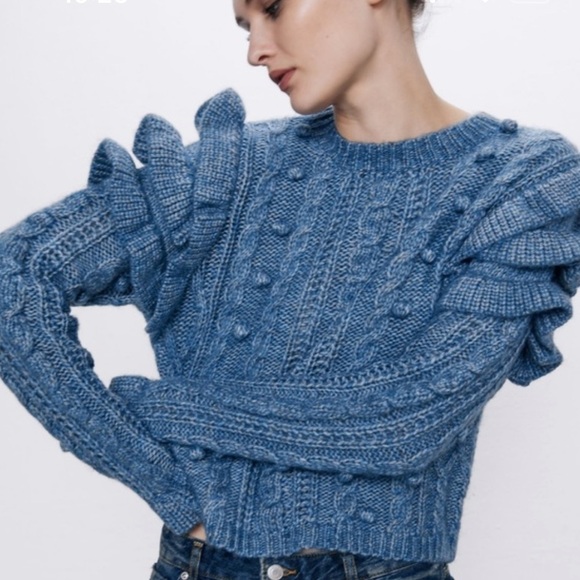 Zara Blogger Favorite Blue Pom Pom Ruffle Chunky Knit Sweater Large - Picture 1 of 12